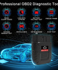 OBD2 Bluetooth Car Diagnostic Scanner For iOS And Android with icons for code reading, live data, battery test, and sensor checks.