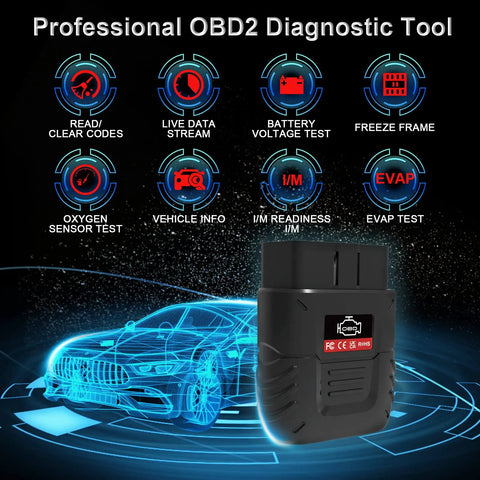 OBD2 Bluetooth Car Diagnostic Scanner For iOS And Android with icons for code reading, live data, battery test, and sensor checks.