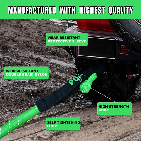 Kinetic Recovery Rope 1 Inch By 30 Foot Green Heavy Duty Snatch Strap With Two Soft Shackles For Off Road Trucks SUVs Jeeps ATVs Trailers 48,500 Lbs Breaking Strength with vehicle attachment shown on muddy terrain