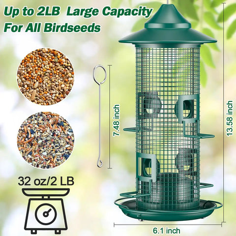 Green Squirrel Chew Proof Metal Mesh Bird Feeder for Outdoors All Weather Rust Proof 2 lb Large Capacity with 4 ports visible
