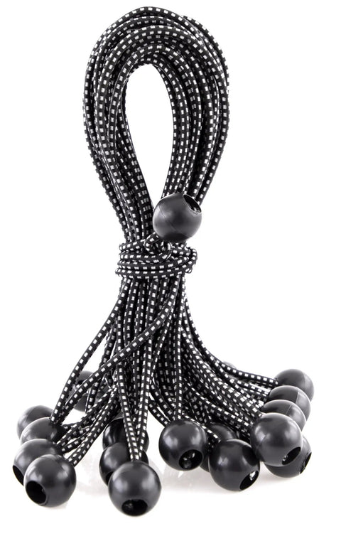 A bundle of Beefy Heavy Duty Ball Bungee Cord 11 Inch With 1 Inch Nylon Ball, black, for tarp tie down and securement, pack of 25.