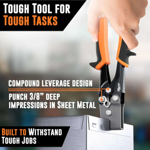 Beast Heavy Duty Snap Lock Punch Notcher with safety lock used for crimping sheet metal gutter work, held by hand.