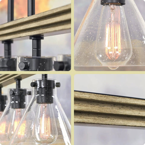 Close-up of Dope Farmhouse Kitchen Island Light With Four Lights In Black Metal Frame Smoked Birch Accent Seeded Glass Conic Shades