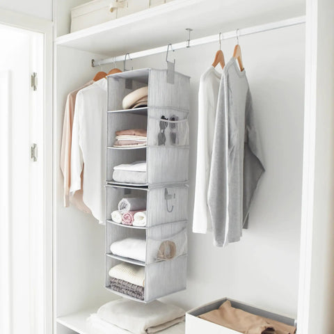 Hella Versatile Hanging Closet Organizers, 10 Pack Convertible Storage Shelves, Gray hanging with folded clothes and towels.