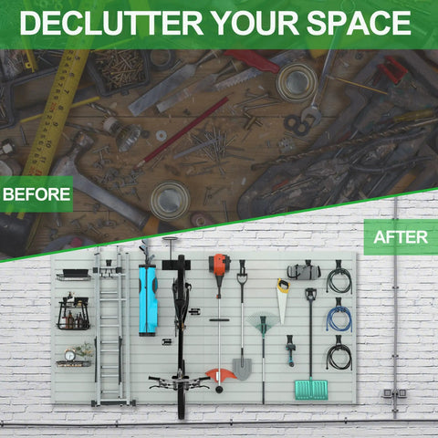 Before and after image showing Heavy Duty PVC Slat Wall Panels 4x2 Ft Garage Organizer System Interlocking Slatwall Sheets for workshop tool storage.