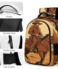 Desert Cowboy Horse Sunset Print Backpack with durable polyester, showing handle, shoulder strap, and double zipper details.