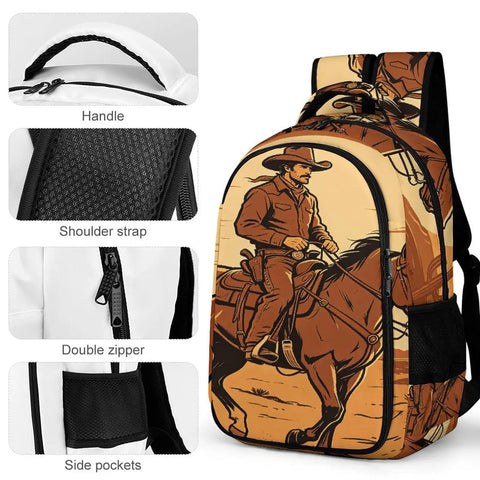 Desert Cowboy Horse Sunset Print Backpack with durable polyester, showing handle, shoulder strap, and double zipper details.