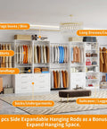 Kick Ass White Closet System, 8ft Modular Organizer with 4 Independent Units, featuring shirts, shoes, and expanded hanging rods.