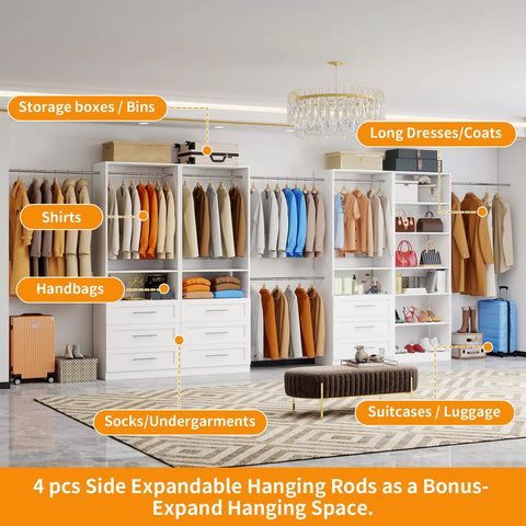 Kick Ass White Closet System, 8ft Modular Organizer with 4 Independent Units, featuring shirts, shoes, and expanded hanging rods.