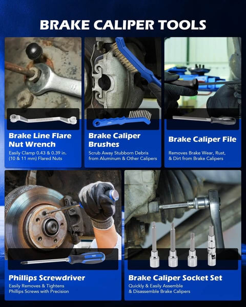 Brake caliper tools including line flare nut wrench, brushes, file, screwdriver, socket set for Pro Grade 15 Piece Drum And Disc Brake Tool Kit