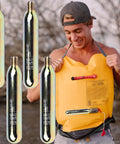 Person using Rearming CO2 Cylinder Kit for Auto and Manual Inflatable Life Jackets and Vests 33 Gram Cartridges One Half Inch Thread Four Pack.
