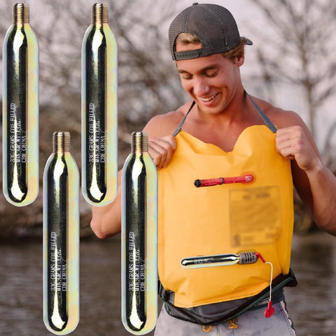 Person using Rearming CO2 Cylinder Kit for Auto and Manual Inflatable Life Jackets and Vests 33 Gram Cartridges One Half Inch Thread Four Pack.