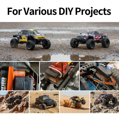 Collage of RC cars in action using Hiwonder 25KG Servo Motor Waterproof High Torque Servo, suitable for 1/6 1/8 1/10 1/12 models.