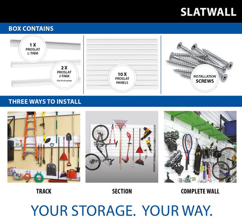 Heavy Duty PVC Slatwall Garage Organizer System 8 Ft By 4 Ft White Panels For A No-Fuss 32 Sq Ft Setup, Interlocking Slatwall Panels