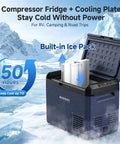 Crank Up The Chill 32 Qt Portable Car Refrigerator And Freezer Ultra Quiet DC Compressor Electric Cooler with built-in ice pack for camping.