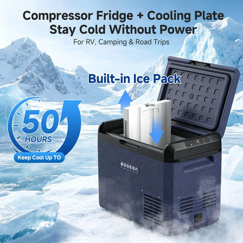Crank Up The Chill 32 Qt Portable Car Refrigerator And Freezer Ultra Quiet DC Compressor Electric Cooler with built-in ice pack for camping.