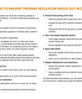 Propane regulator safety infographic; front view shows cold-weather best practices with two-column bullets.