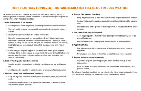 Front view of a two-column safety guide page about preventing propane regulator freeze-out in cold weather.