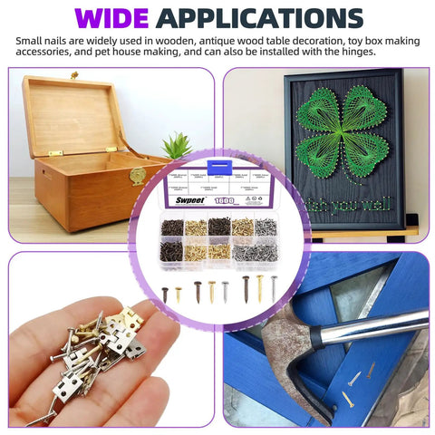 Top Tier 1600 Piece Mini Wood Screw And Nailing Assortment Kit With Premium Gold Silver Bronze Coatings In 6Mm 8Mm 10Mm lengths for crafting applications.