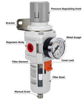 Half Inch NPT Compressed Air Filter Regulator Combo With Piggyback Design, 5 Micron Brass Filter Element, Poly Bowl, Semi Auto Drain