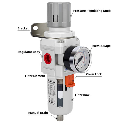 Half Inch NPT Compressed Air Filter Regulator Combo With Piggyback Design, 5 Micron Brass Filter Element, Poly Bowl, Semi Auto Drain