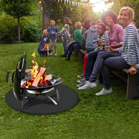 36 Inch Fire Pit Mat For Outdoor Grills And Fireplaces Double Sided Fireproof Waterproof Floor Protector Oil Proof Deck Pad with people enjoying a fire