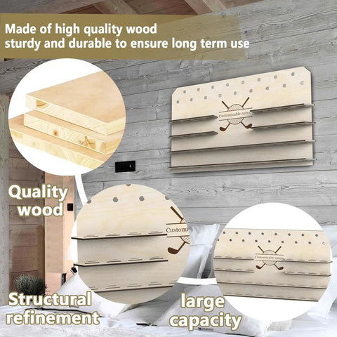 Customizable Wood Golf Ball Marker Display Case With Wall Mount For Storing 55 Markers, shown in home setting with details.
