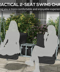 Two Person Porch Swing With Stand And Canopy Outdoor Swing With Pivot Storage Table And Cup Holders Cushions For Patio Backyard Black Weather Resistant Frame Easy Assembly And Chill Vibe For Sunsets with two silhouettes seated