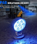 Heavy Duty LED Blue Spot Forklift Safety Light With Magnetic Mount Bracket 2 Pack High Visibility Beam For Warehouses And Jobsites To Keep Crew Safer, illuminated in rainy setting.