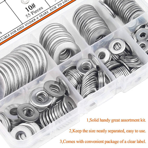 Amazon HELIFOUNER 270-piece stainless steel flat washer set in a clear plastic organizer, 8 sizes.