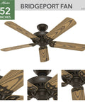 Bridgeport 52 inch new bronze indoor outdoor ceiling fan with pull chain oak blades whisper wind motor and multi speed reversible