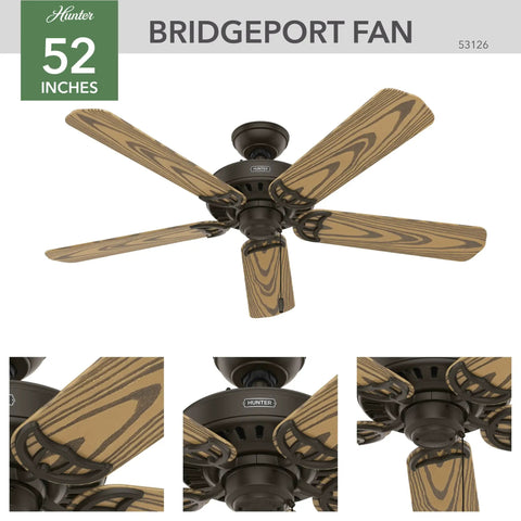Bridgeport 52 inch new bronze indoor outdoor ceiling fan with pull chain oak blades whisper wind motor and multi speed reversible