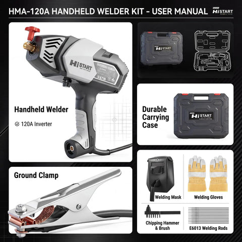 Portable 110V Arc Welder With IGBT Inverter Five Adjustable Current Settings For 3/32 To 1/8 Inch Rods Includes Welding Helmet And Carrying Case Great For Home Or Shop Projects, showing components.