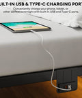 Built-in USB and Type-C charging ports on King Size Metal Platform Bed Frame With Led Headboard And Built In Charging Station Black.