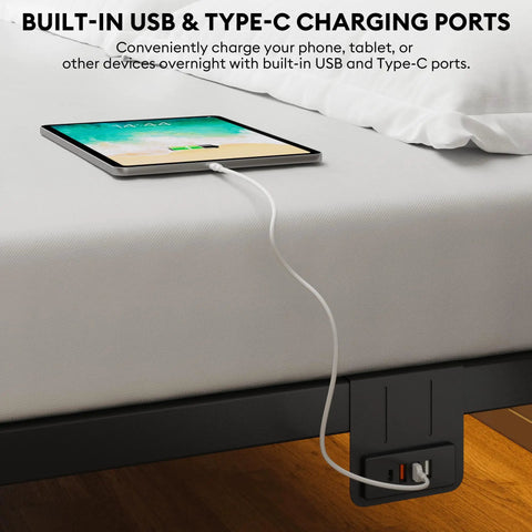 Built-in USB and Type-C charging ports on King Size Metal Platform Bed Frame With Led Headboard And Built In Charging Station Black.