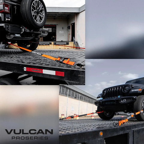 Flatbed trailer hauling with Ultimate Axle Tie Down Kit Pro Series Heavy Duty Webbing securing vehicles with orange straps.