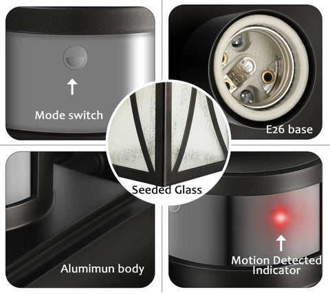 Motion Sensor Outdoor Wall Lantern With Dual Bright Modes For Entryway Porch Balcony Or Garage, E26 Filament LED Bulb Included, Oil Rubbed Bronze Finish, Weatherproof Outdoor Lighting