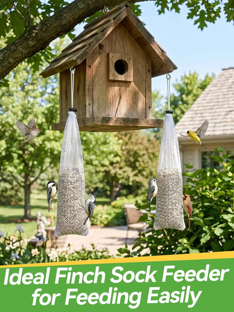 Wooden birdhouse with Six Pack Outdoor Sock Feeders For Thistle Seeds With Food Grade Funnels, birds feeding in a garden