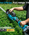 Person using Two In One Electric Hedge Trimmer With Telescopic Pole And Twenty Inch Dual Action Blade Cordless With Two 4000mAh Batteries