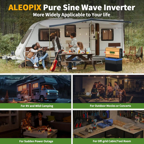 Family using Power Up Anywhere With A 2000 Watt Pure Sine Wave Inverter That Turns 12V DC Into 110V 120V AC For Truck RV Home Solar And Off Grid Use With 4000W Surge Dual AC Outlets 5V 3.4A USB Digital Display Remote Control in RV and outdoor settings