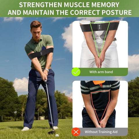 Man using 2 In 1 Golf Grip Trainer And Swing Stabilizer With Arm Band For Correct Grip And Arm Positioning Fixes Grip Posture