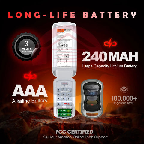 Must Have Universal Garage Door Opener Remote Compatible With G3T A R BX Series showing battery details and 5 year warranty