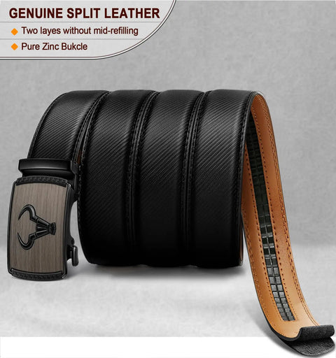 Men's Ratchet Leather Belt For Dress And Casual Wear, 1 3 8 Inch Wide, Black, Adjustable From 32 To 38 Inches, Cut To Fit Size