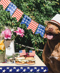 Dog with hat next to 250th Anniversary Patriotic Fourth Of July Picnic Table Cover With Bench Covers 72 By 30 Inch Fitted Rectangle Tablecloth