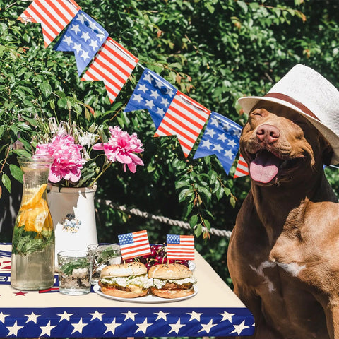 Dog with hat next to 250th Anniversary Patriotic Fourth Of July Picnic Table Cover With Bench Covers 72 By 30 Inch Fitted Rectangle Tablecloth