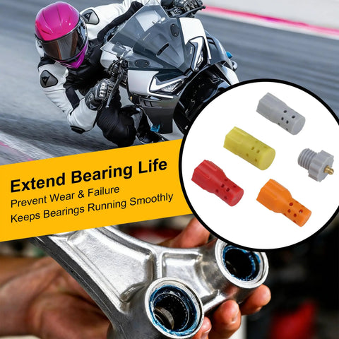 Dirt Bike Swingarm And Linkage Bearing Grease Tool Kit With 16mm 18mm 20mm 22mm Adapters For 125cc To 500cc Dirt Bikes Pro Grade Bearing Maintenance Kit shown with adapters and rider image.
