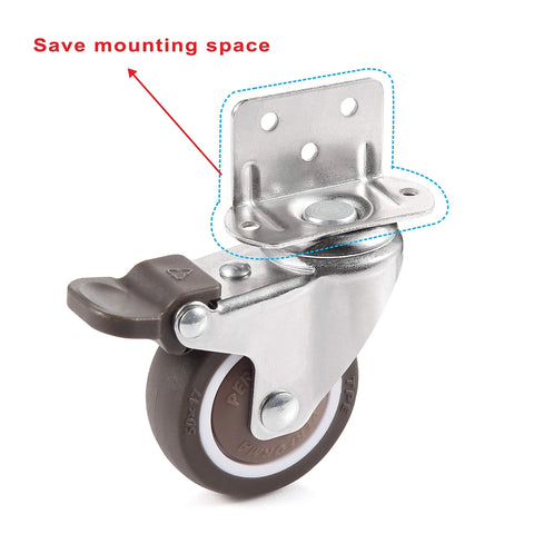 Close-up of 4 Pieces Swivel Plate Casters With Brake, 2 Inch Diameter TPE Casters, L Shaped Mount, rust-resistant chrome finish.