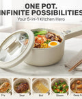 All In One Electric Hot Pot With Steamer And Lid 1.5L Nonstick Ceramic Cooker for quick meals, showcasing steaming ramen ingredients.