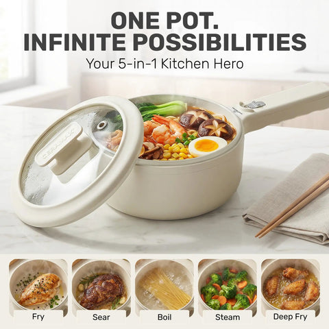 All In One Electric Hot Pot With Steamer And Lid 1.5L Nonstick Ceramic Cooker for quick meals, showcasing steaming ramen ingredients.