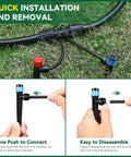 Quick connect installation of All-In-One Drip Irrigation Kit for garden with 1/2 inch main line and 1/4 inch drip tubing.